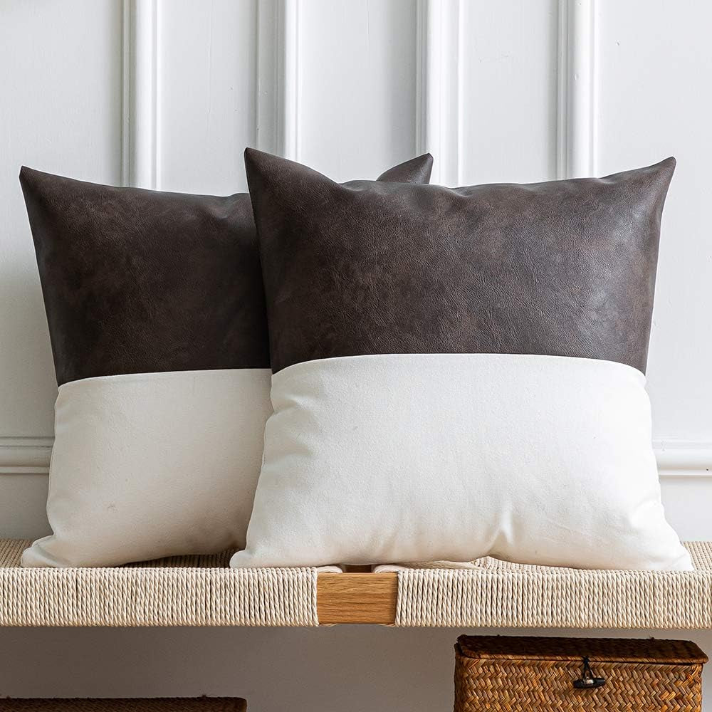 Leather Throw Pillow Covers, Set of 2 Modern Leather/Cotton Decorative Pillowcases for Home Decor Bedroom Living Room Couch Bed Sofa, 20X20 Inch, Dark-Brown and White