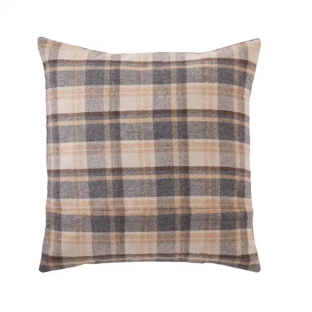 Beige Plaid 18 In. X 18 In. Square Decorative Throw Pillow