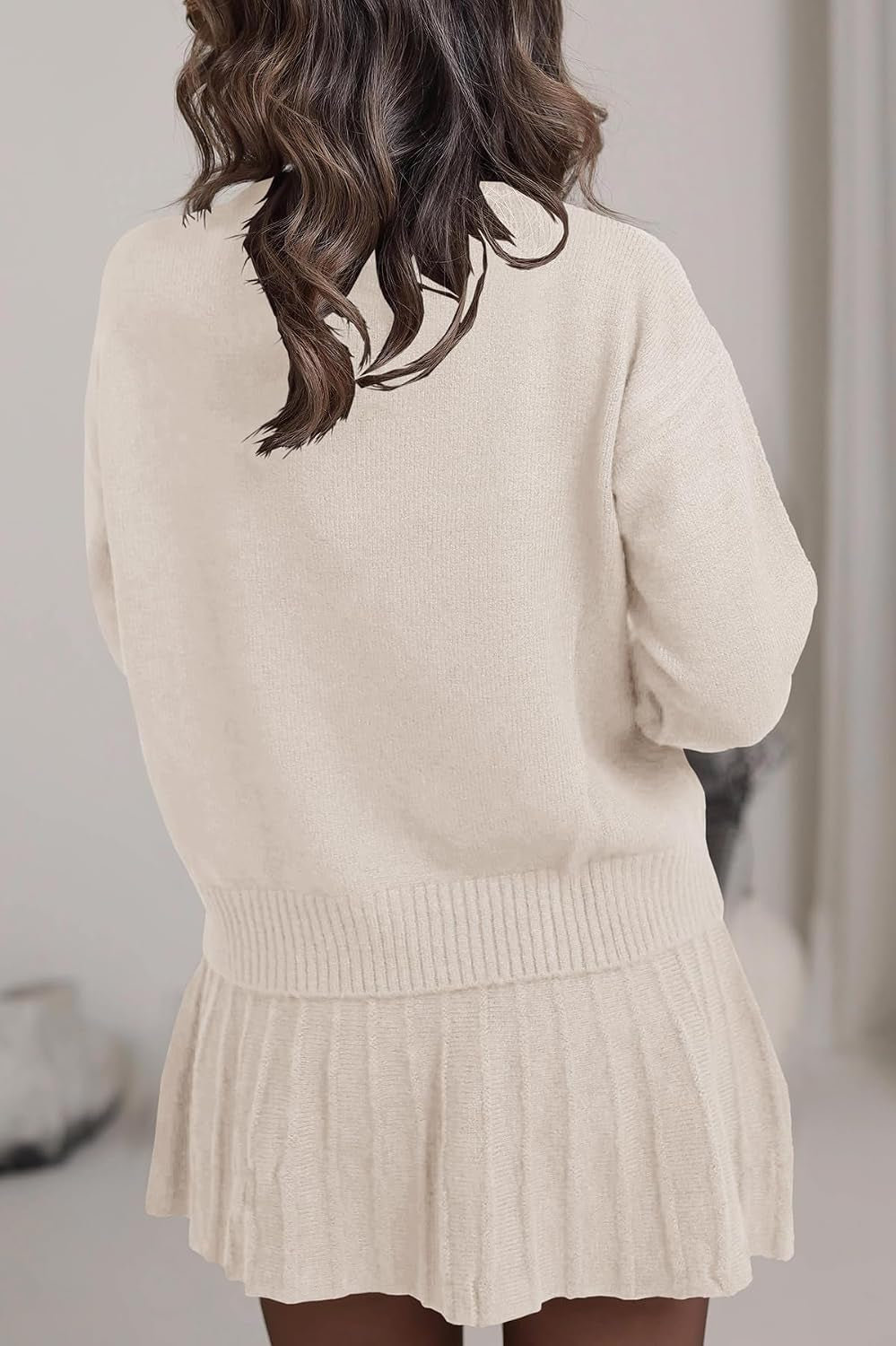Womens 2 Piece Skirt Set Long Sleeve Fall Sweater Pleated Mini Skirt