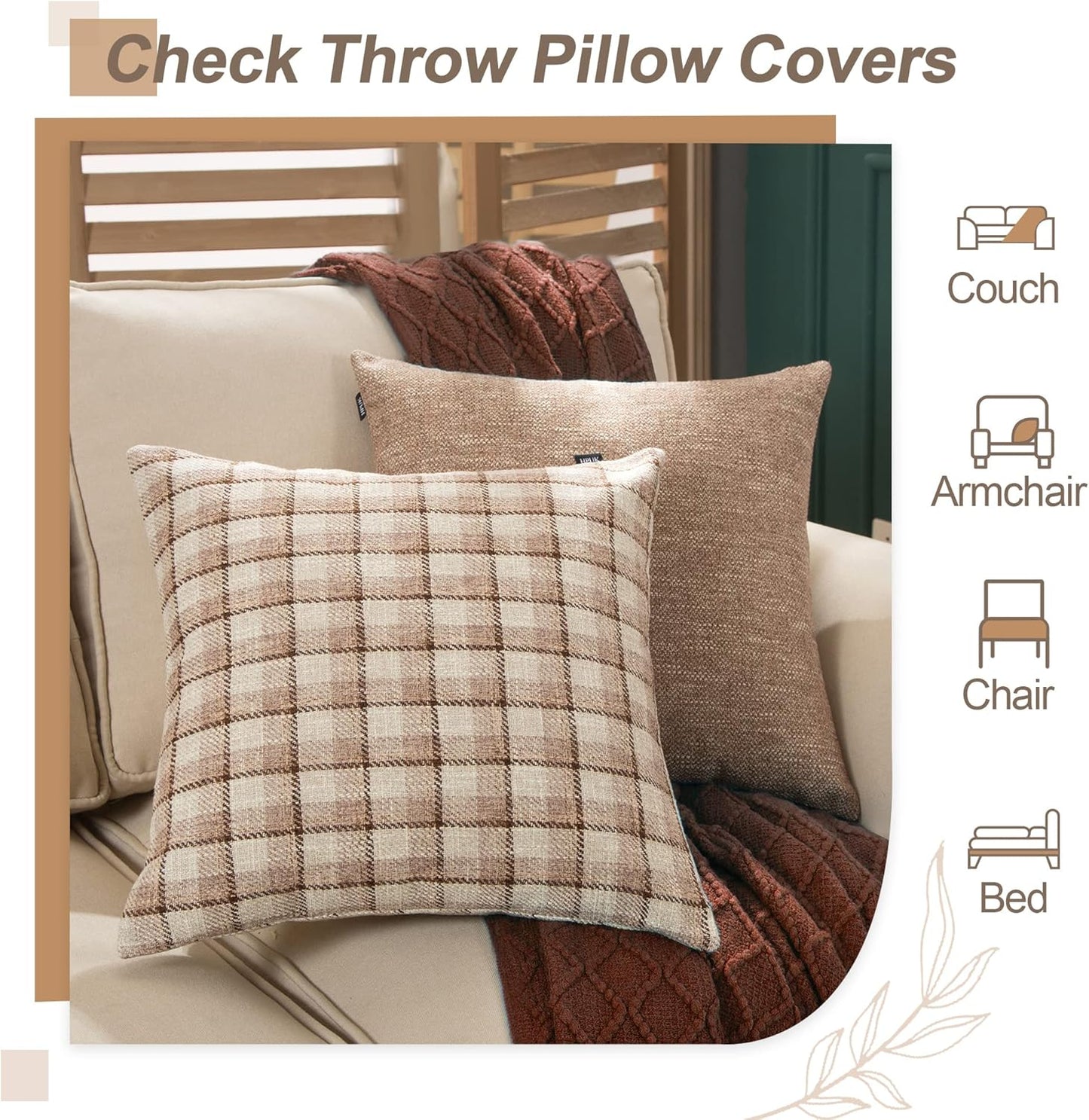 Check Throw Pillow Covers Accent Set of 4 Retro Plaids Checker Cushion Decorative for Couch, Sofa, Living Room 18X18 Inch, Light Brown