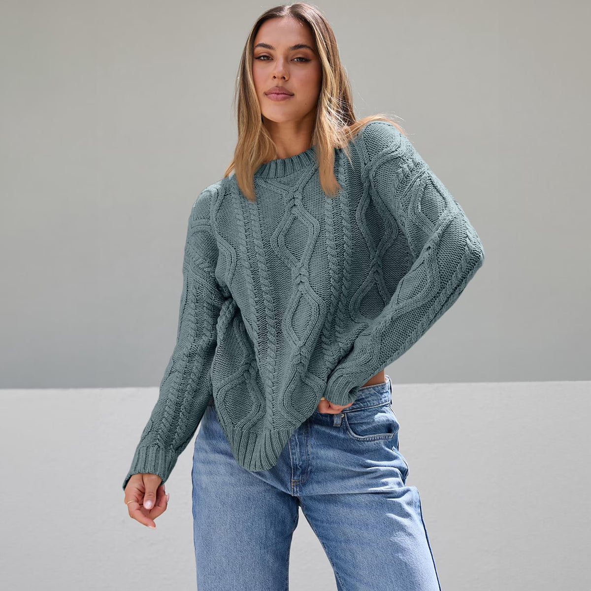 Oversized Cable-Knit Sweater — Dark Sage