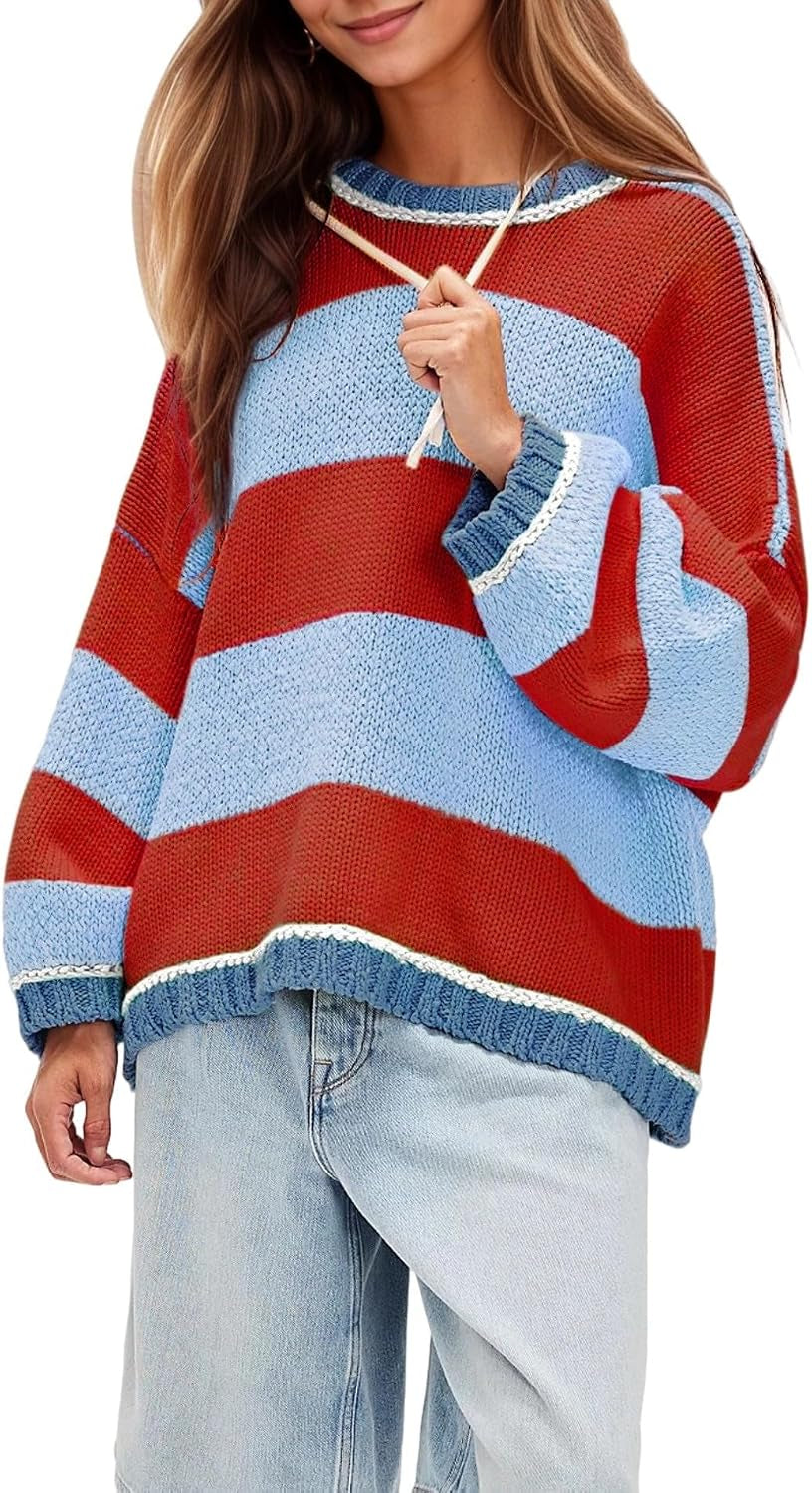 Womens Oversized Striped Sweater Chunky Knit Crewneck Fall Pullover
