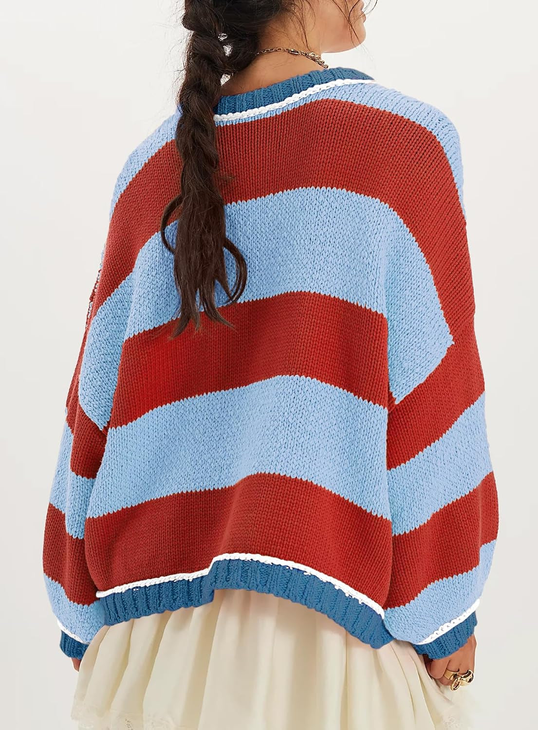 Womens Oversized Striped Sweater Chunky Knit Crewneck Fall Pullover