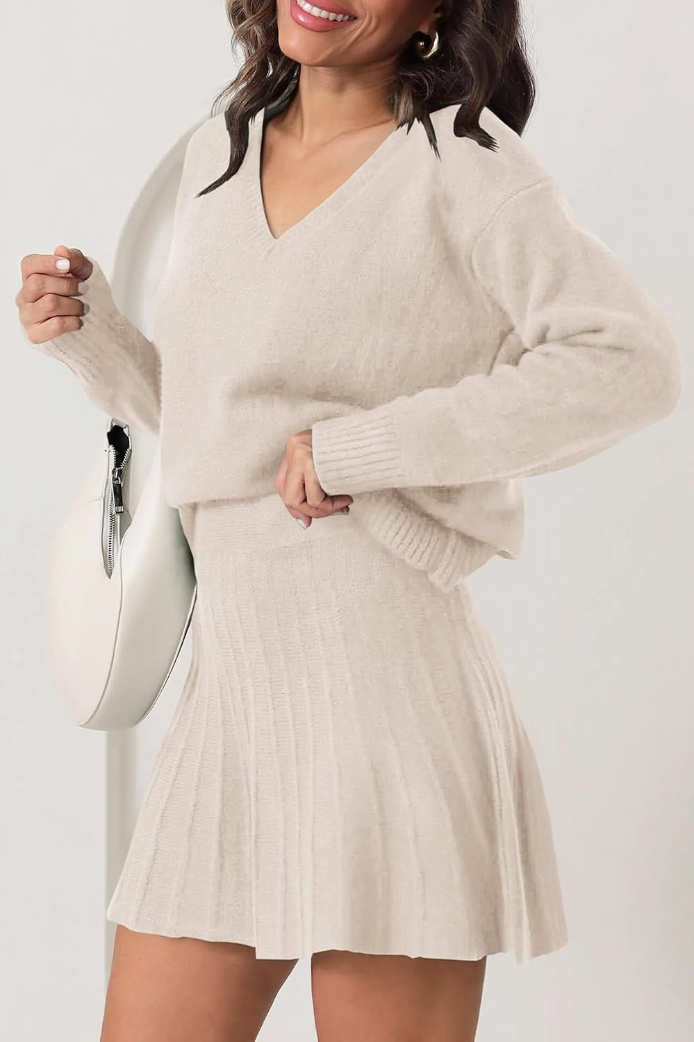 Womens 2 Piece Skirt Set Long Sleeve Fall Sweater Pleated Mini Skirt