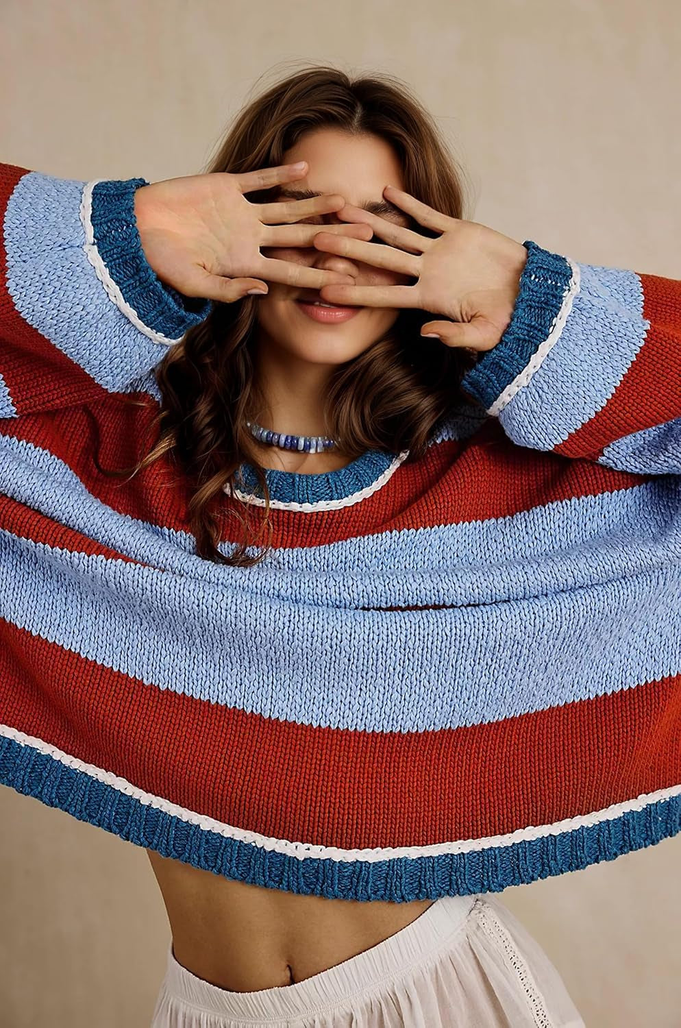 Womens Oversized Striped Sweater Chunky Knit Crewneck Fall Pullover