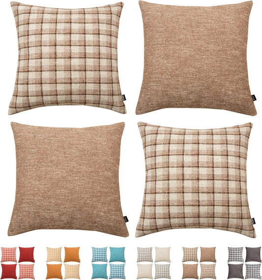 Check Throw Pillow Covers Accent Set of 4 Retro Plaids Checker Cushion Decorative for Couch, Sofa, Living Room 18X18 Inch, Light Brown