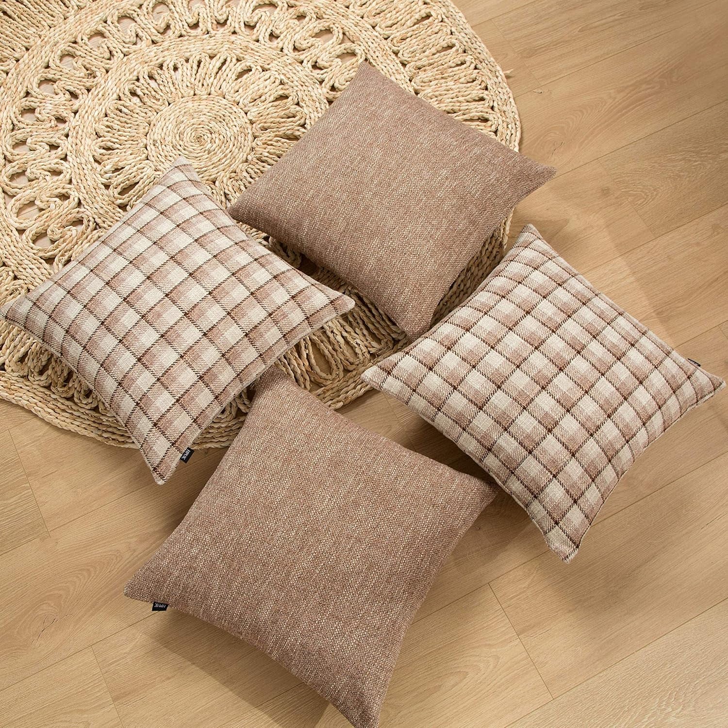 Check Throw Pillow Covers Accent Set of 4 Retro Plaids Checker Cushion Decorative for Couch, Sofa, Living Room 18X18 Inch, Light Brown