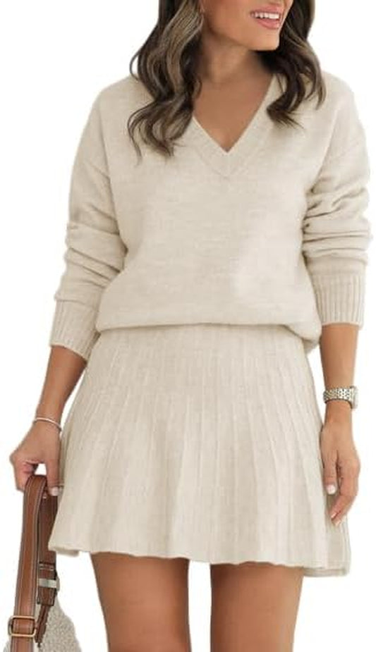 Womens 2 Piece Skirt Set Long Sleeve Fall Sweater Pleated Mini Skirt
