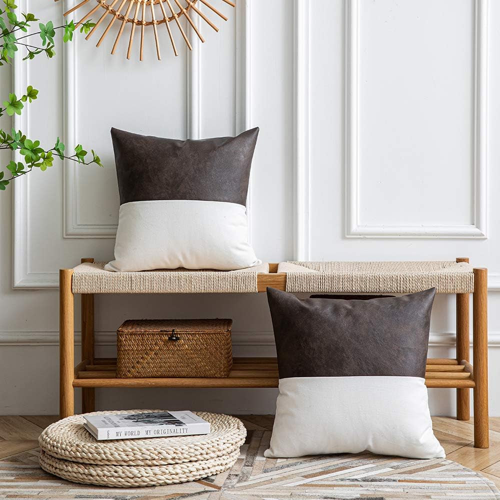 Leather Throw Pillow Covers, Set of 2 Modern Leather/Cotton Decorative Pillowcases for Home Decor Bedroom Living Room Couch Bed Sofa, 20X20 Inch, Dark-Brown and White