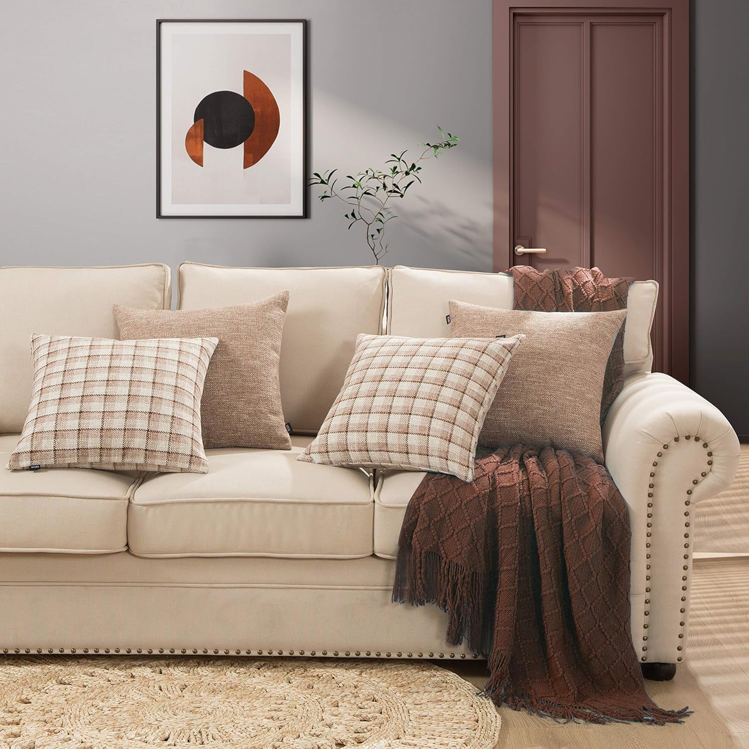 Check Throw Pillow Covers Accent Set of 4 Retro Plaids Checker Cushion Decorative for Couch, Sofa, Living Room 18X18 Inch, Light Brown