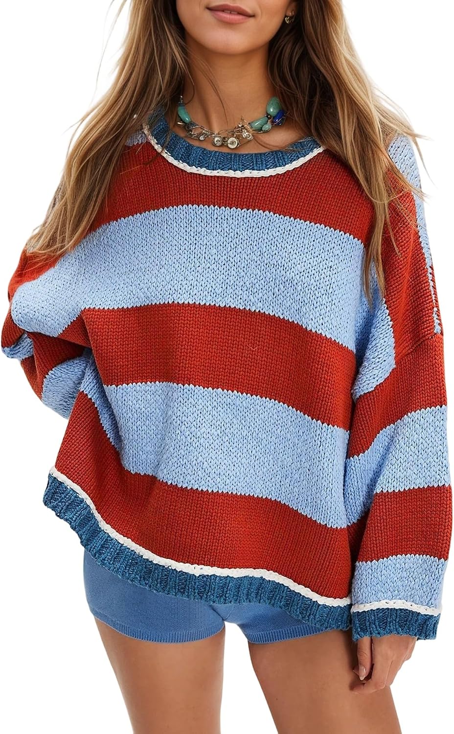 Womens Oversized Striped Sweater Chunky Knit Crewneck Fall Pullover