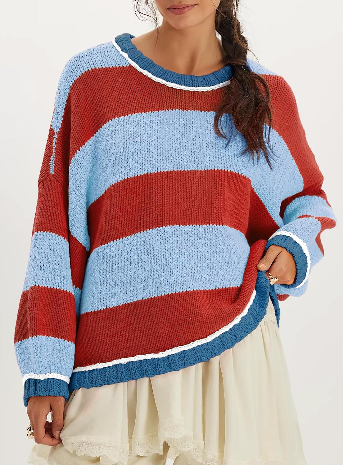 Womens Oversized Striped Sweater Chunky Knit Crewneck Fall Pullover