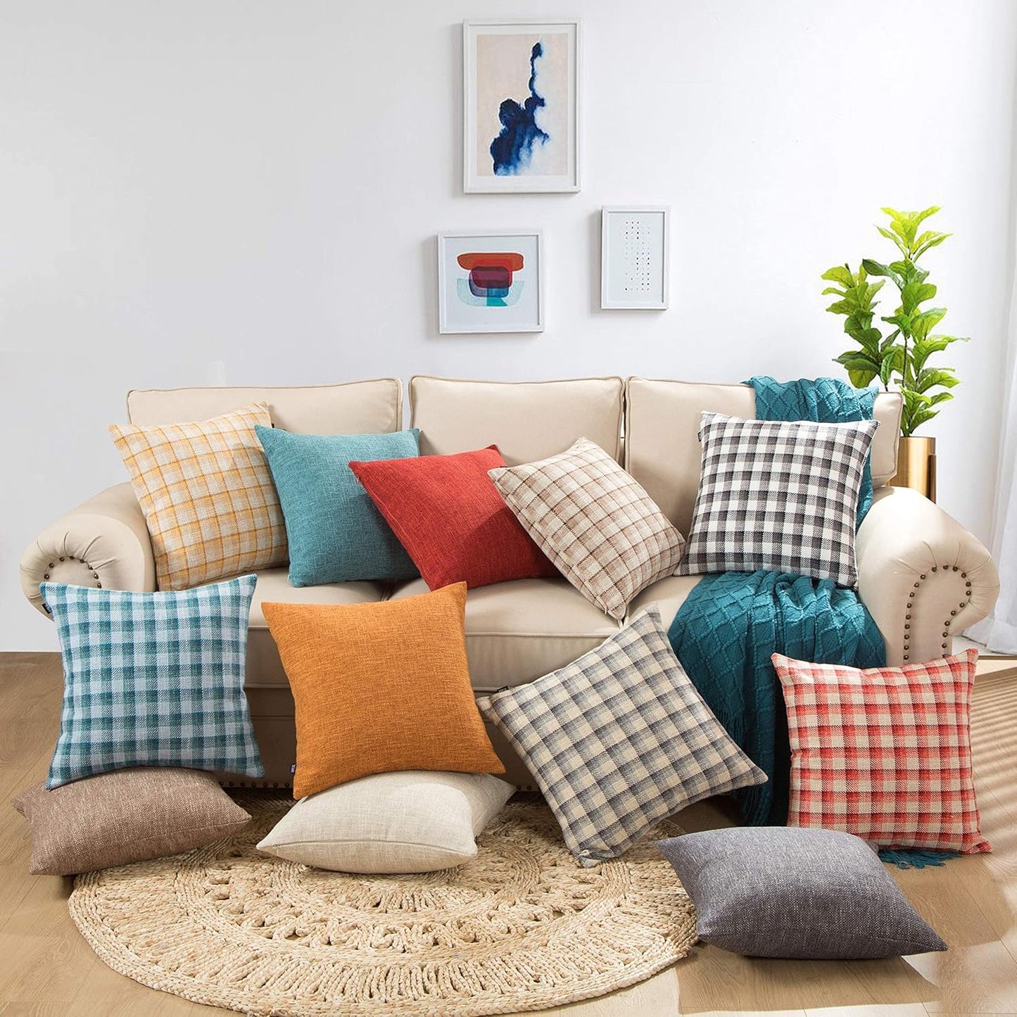 Check Throw Pillow Covers Accent Set of 4 Retro Plaids Checker Cushion Decorative for Couch, Sofa, Living Room 18X18 Inch, Light Brown