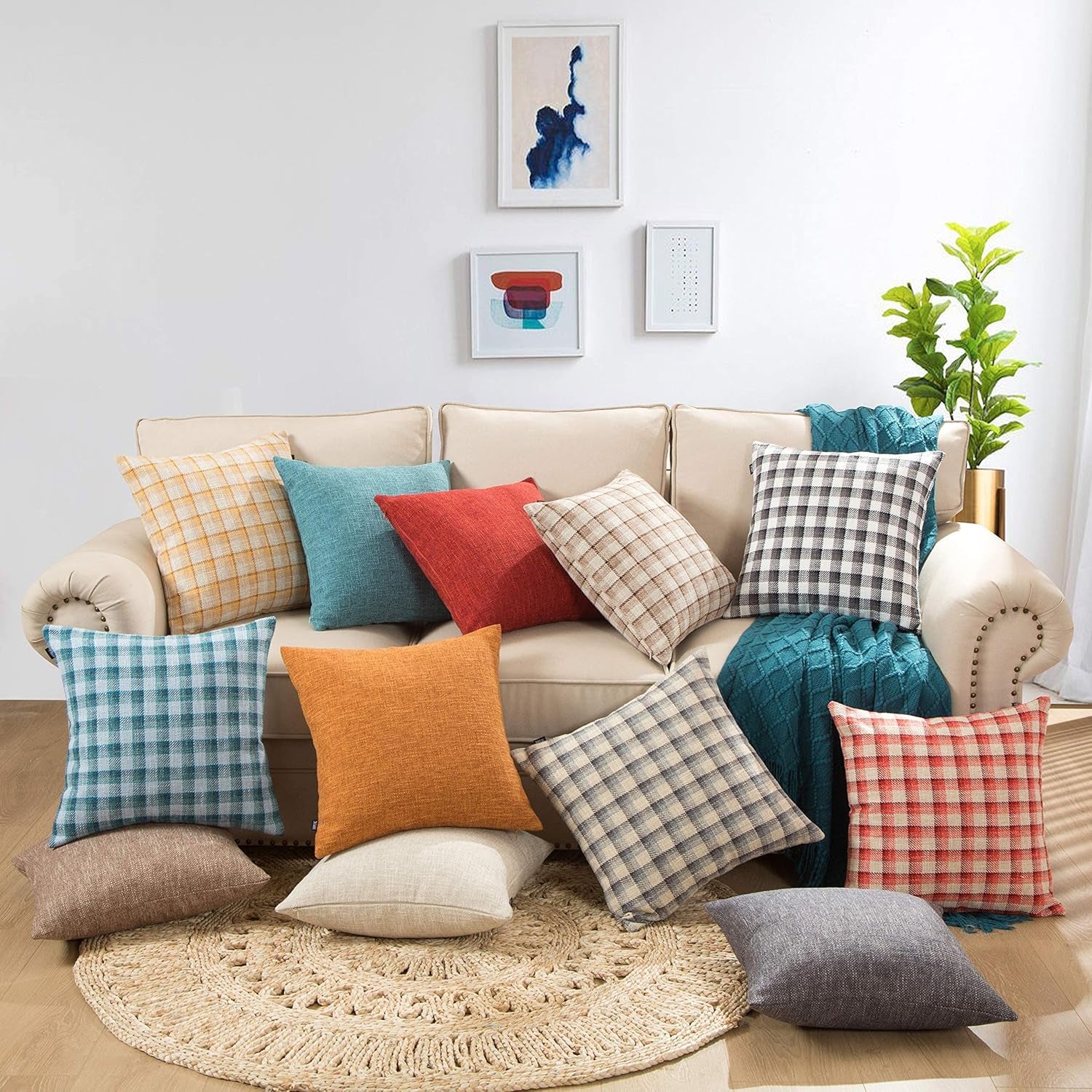 Check Throw Pillow Covers Accent Set of 4 Retro Plaids Checker Cushion Decorative for Couch, Sofa, Living Room 18X18 Inch, Light Brown
