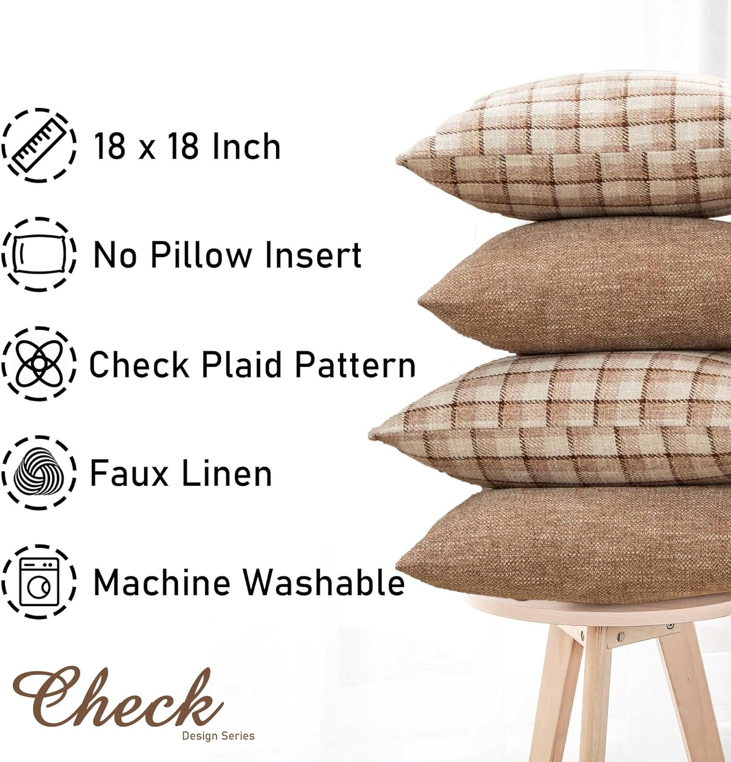 Check Throw Pillow Covers Accent Set of 4 Retro Plaids Checker Cushion Decorative for Couch, Sofa, Living Room 18X18 Inch, Light Brown