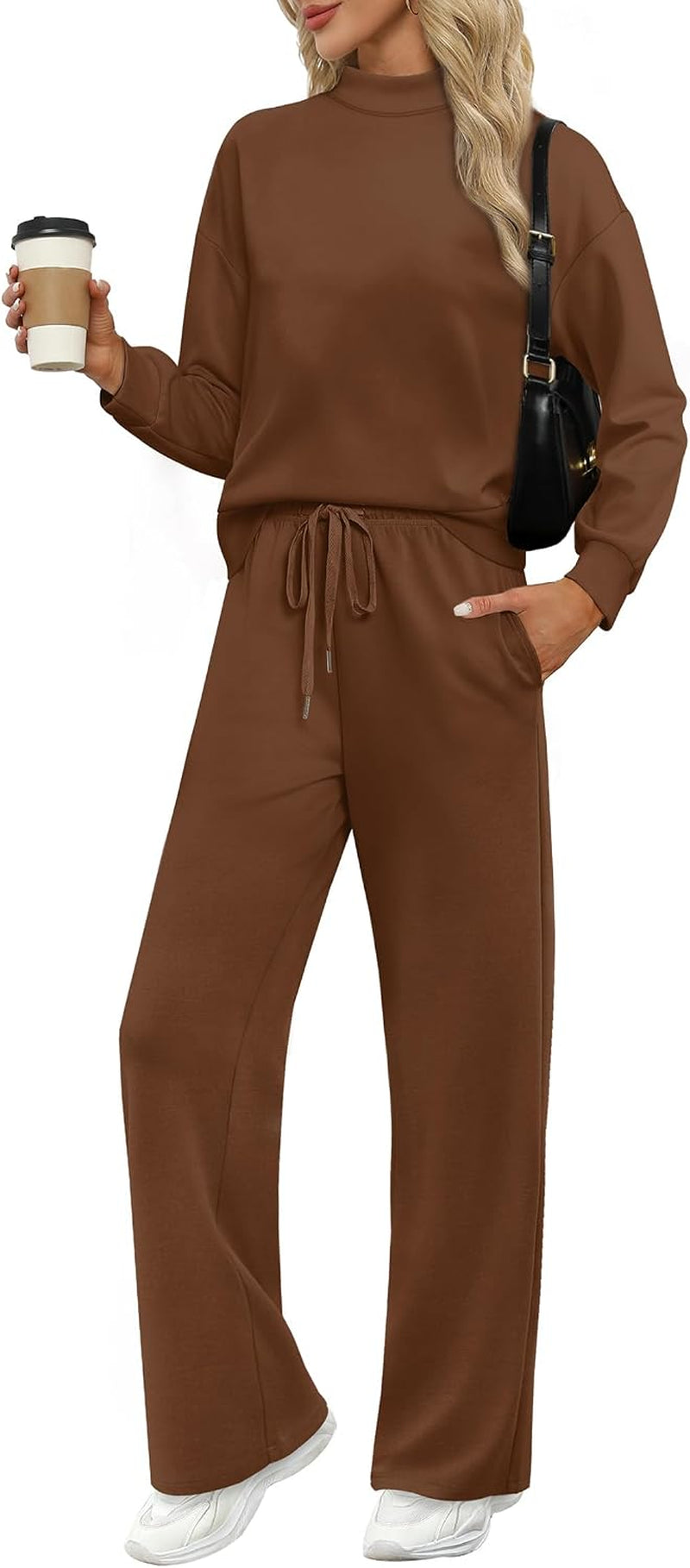 Womens 2 Piece Lounge Set Mock Neck Top Wide Leg Pants