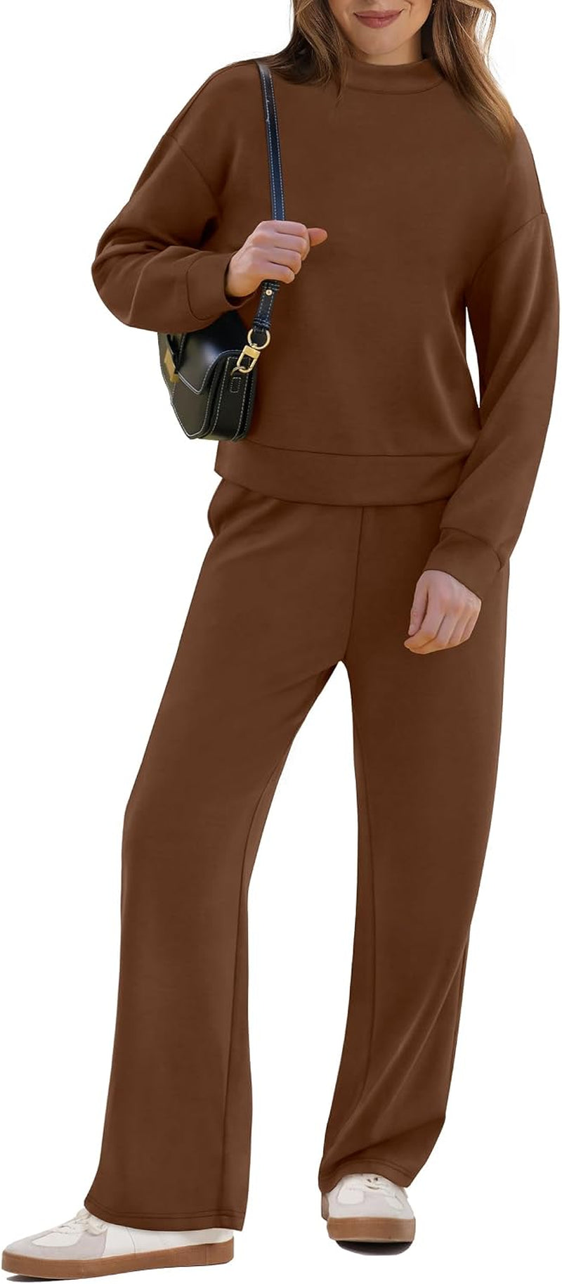 Womens 2 Piece Lounge Set Mock Neck Top Wide Leg Pants