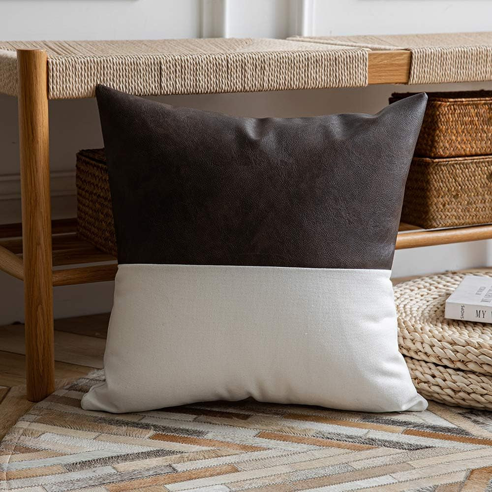 Leather Throw Pillow Covers, Set of 2 Modern Leather/Cotton Decorative Pillowcases for Home Decor Bedroom Living Room Couch Bed Sofa, 20X20 Inch, Dark-Brown and White