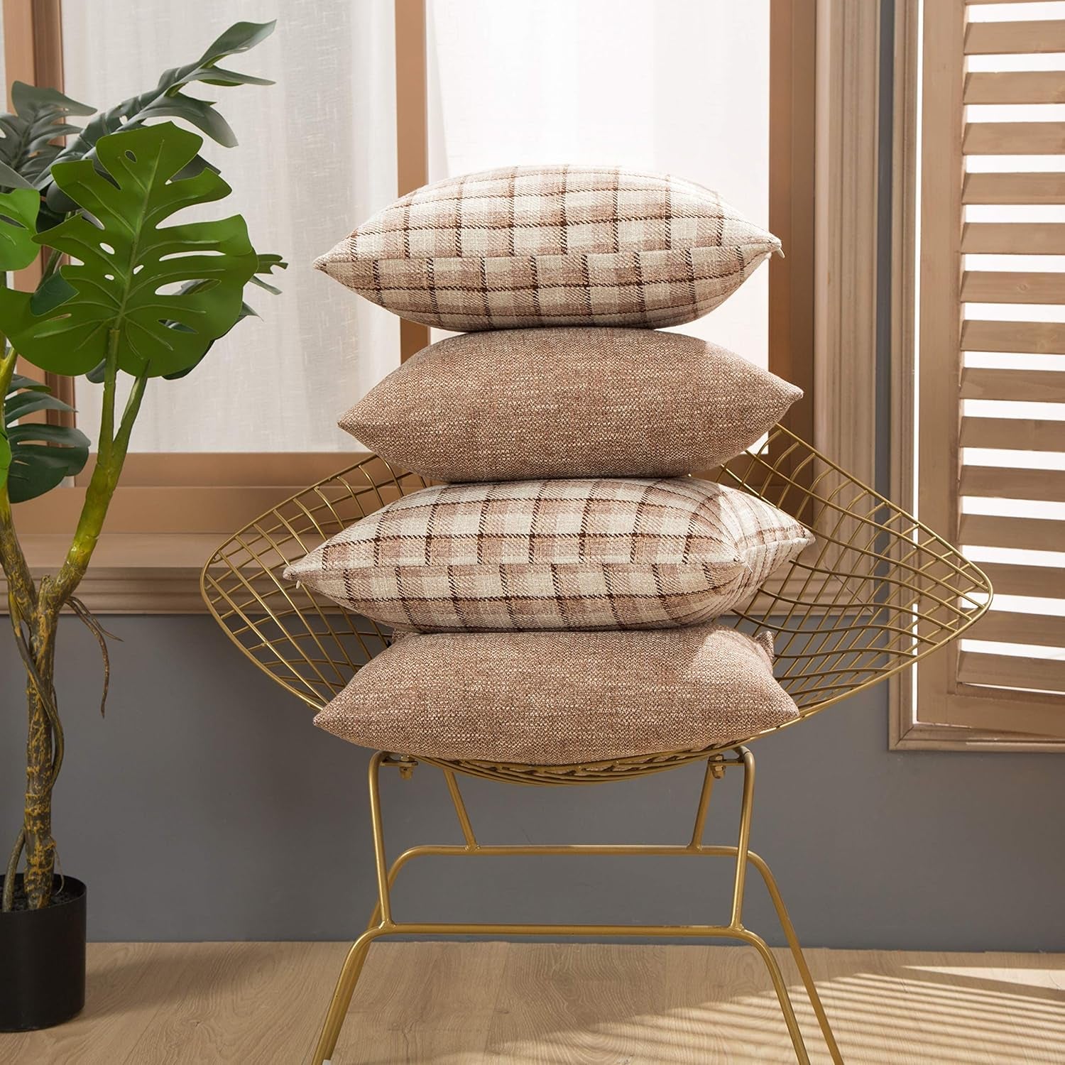 Check Throw Pillow Covers Accent Set of 4 Retro Plaids Checker Cushion Decorative for Couch, Sofa, Living Room 18X18 Inch, Light Brown